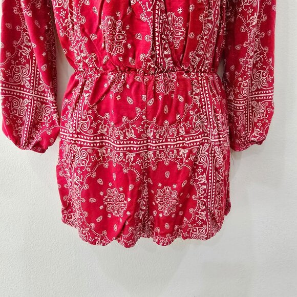 Archaic by Affliction Red Paisley Romper W/ Long Sleeves & V-Neck – M - Picture 6 of 11